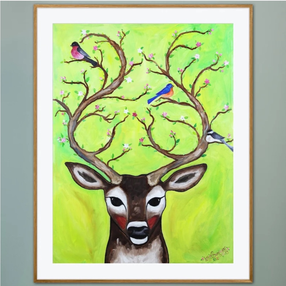 The Budding Buck Art Print Oil Painting Deer Stag Flower Blossom Antlers Birds